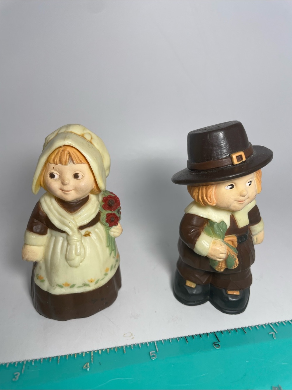 Pilgrim Boy and Girl Salt & Pepper Shakers- Brown, Cream, Green Vintage